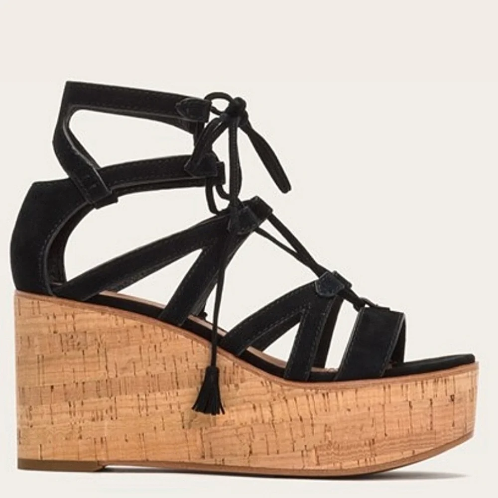 Frye "Heather Gladiator" Platform Wedge Sandal Leather Black | Women's Size 6.5 - Picture 2 of 14